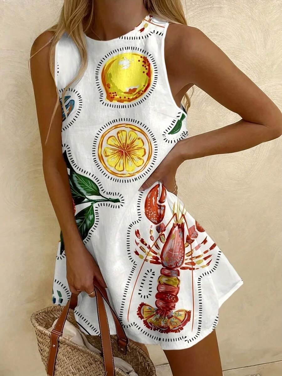 Women's Summer And Spring Fashion Elegant Casual Sexy Vacation-Style Sleeveless Short Cool Dress With Fruit And Floral Patterns