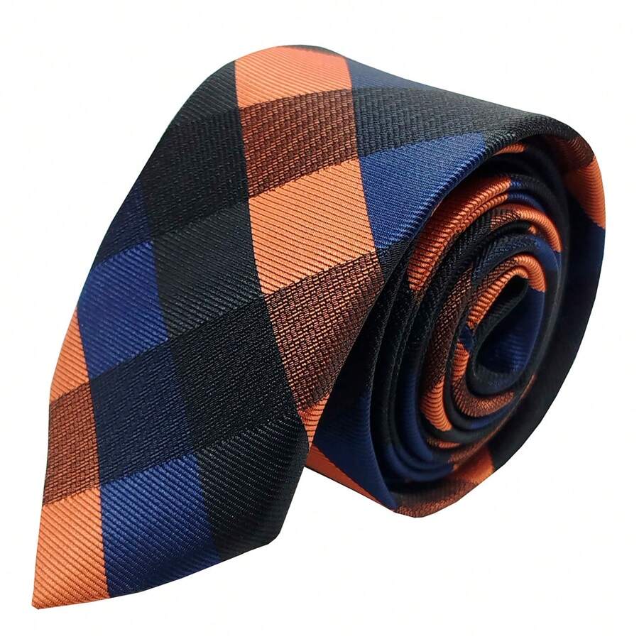Black Orange Plaid Slim Tie - Black - View 1