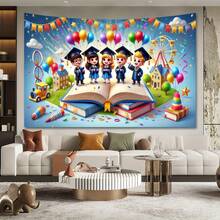 1 pieza Pancarta para graduación preescolar - Alegre escena de celebración de graduación con globos, cintas y graduados, decoración multiusos reutilizable para fiestas en el hogar, adecuada para photocall, fiesta de graduación y festivales, telón de fondo para photocall | Atmósfera festiva | Poliéster, decoración de fiesta de graduación - Multicolor - Ver 4