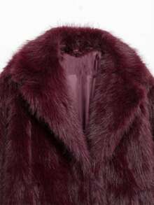 DEEKA 女士加大码仿皮草大衣，保暖宽松，欧美时尚冬季款 - 酒紅色 - 查看 8