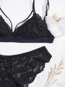 1 Set Lencería Romántica Francesa con Sujetador de Triángulo sin Relleno/sin Forro con Soporte Ligero y Braguitas, con Tirantes Ajustables, Suave y Transpirable, Encaje Sexy, Color Negro, Para Mujer