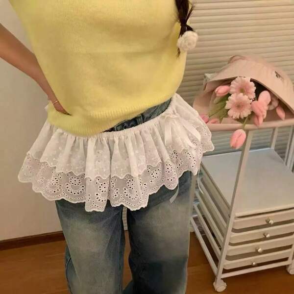 1 pieza Falda mini con volantes blanca versátil, Falda deslizante de cintura elástica con doble capa, encaje bordado blanco, Vestido de ballet de unicolor con encaje