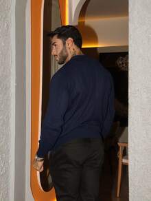 Men's Knitted Sweater Top Chic High Quality Textured Autumn Winter Long Sleeve - Navy Blue - View 6