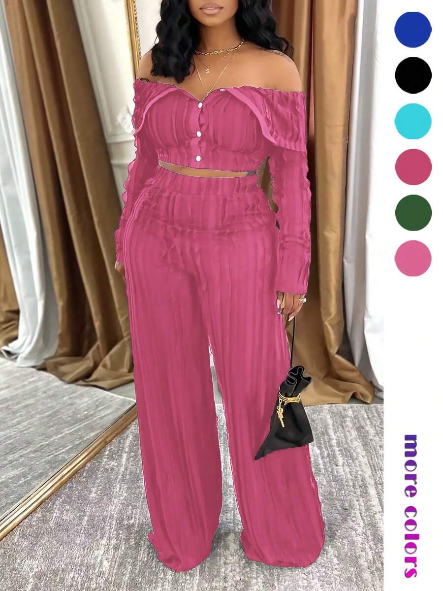 Set de 2 piezas Conjunto de top corto con botones delanteros con volantes y hombros descubiertos de unicolor elegante, y pantalones de pierna ancha, color rosa, para primavera - Rosa - Ver 1