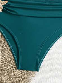 全新极简设计，纯色，性感，显瘦，遮肚，时尚配饰，度假风比基尼套装，时尚优雅两件式泳装，女士沙滩派对，夏季畅销泳装 - 墨綠 - 查看 8