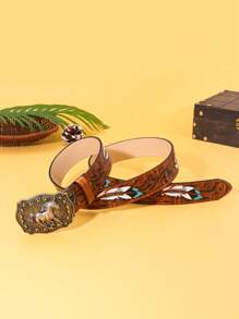 1pc Vintage Western Cowboy Style Animal Buckle Embossed PU Leather Belt - Fits With Jeans, Dresses, Valentine Suitable For All Seasons