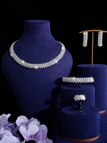 5pcs Set Cubic Zirconia Necklace Earrings Jewelry Set For Women, Including Earrings, Ring, Bracelet, Necklace, Suitable For Daily Outing, Party, Wedding, Birthday, Festival Occasions