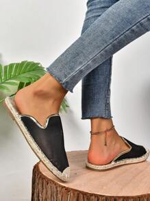 Women's Fashion Flat Woven Straw Shoes, Spring/Summer New Fisherman Shoes, Black Flat Slip-On Shoes With Rope Sole