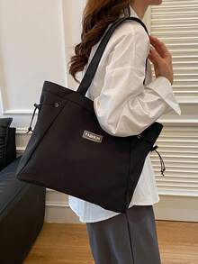 Fashion Versatile Solid Color New Casual Minimalist Tote Bag, Chic Contrast Color Shoulder Large Handbag - Black - View 5