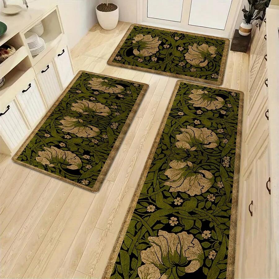 1pc Green Floral Entryway Doormat - Vibrant Indoor Plant Design With Gold Accents, Linen-Rubber Material, Great For Porch Decor And Housewarming Gifts, Essential Decorative Doormat | Floral Pattern Rug - Multicolor - View 1