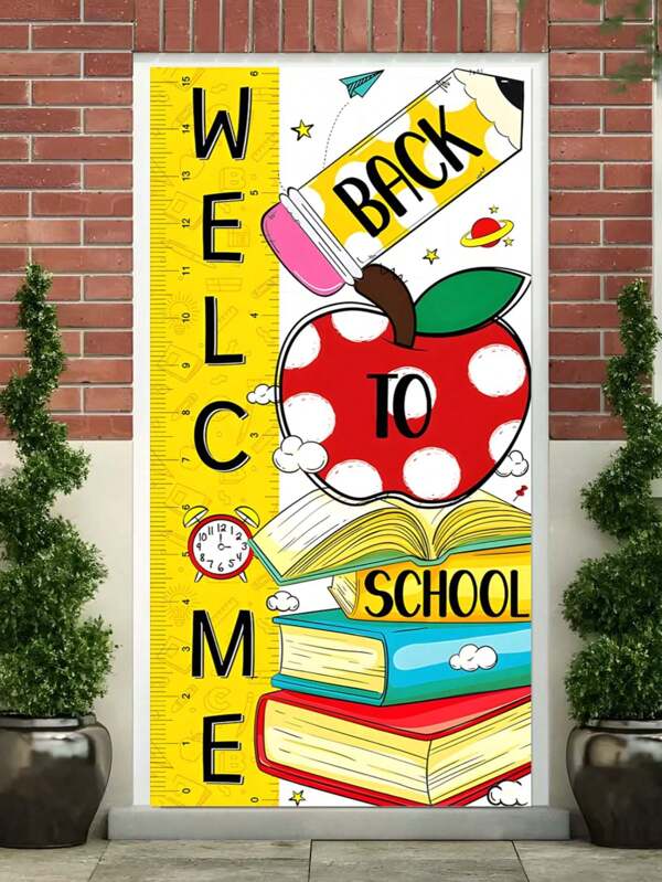 1pc Back To School Hanging Curtain - Featuring Book, Apple, Stationery Patterns, Polyester Material, Suitable For Classrooms, Study Rooms, Library Entrances - No Power Needed, Multi-Functional Party & Event Decor, Classroom Decoration