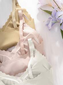 3 Stück/Set Drahtlose Damen Sport-BHs mit Bandeau-Wellen-Saum, bequeme breite Träger nahtlose BHs