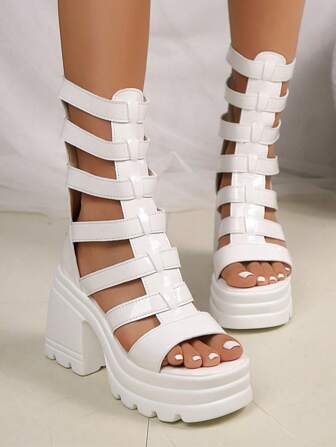 女式粗跟厚底露趾中筒靴，百搭夏季罗马高跟凉鞋