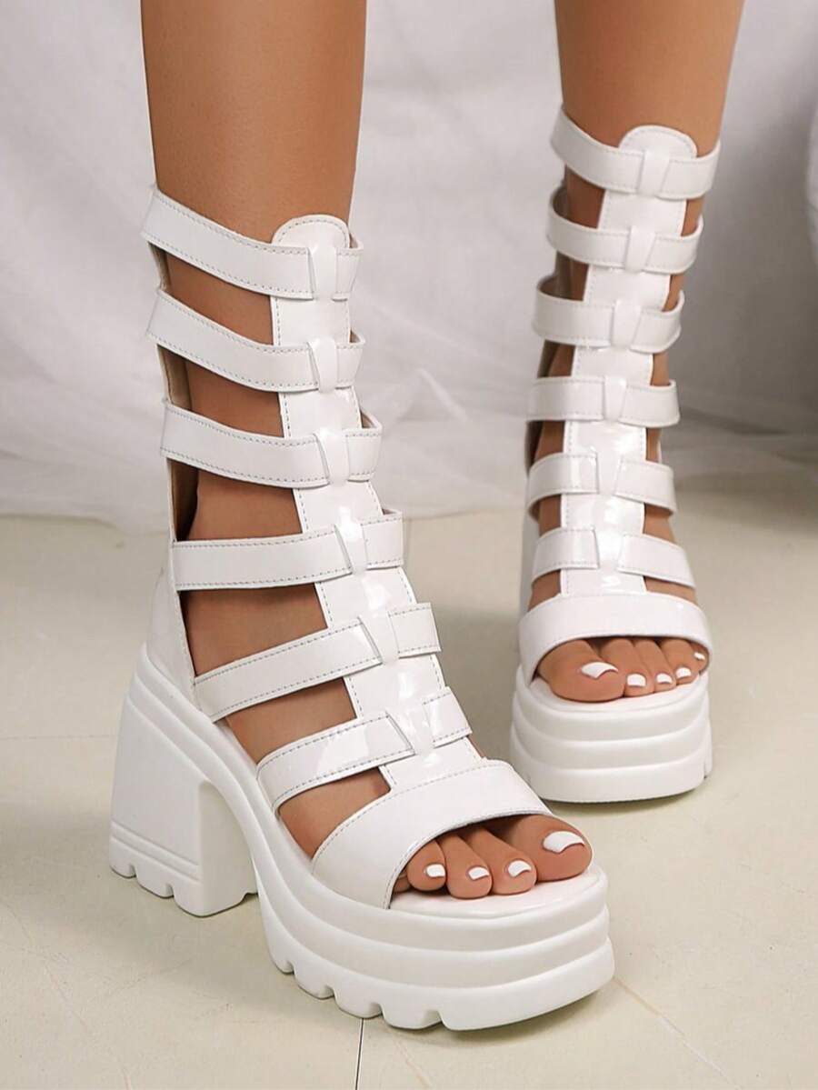 女式粗跟厚底露趾中筒靴，百搭夏季罗马高跟凉鞋 - 白色 - 查看 1