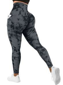 1pc Women High Waist Tie-Dye Random Print Pocket Buttoned Sports Yoga Pants, Outdoor Cycling Running Tennis Leggings, Tummy Control Shapewear
