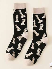 1 Pair Fashionable Mid-Calf Socks, Suitable For Chess Enthusiasts, Essential For Autumn - Multicolor - View 1