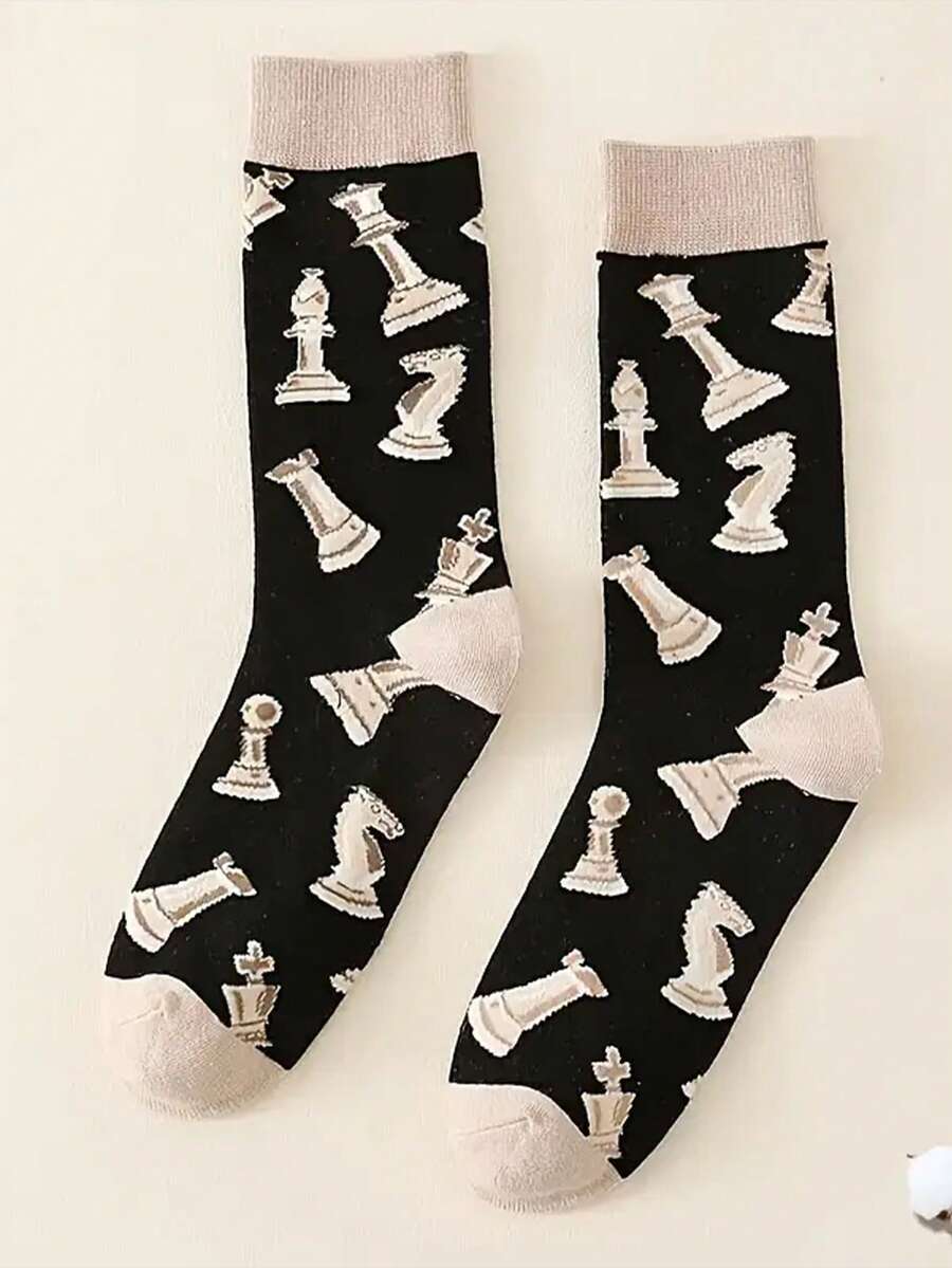 1 Pair Fashionable Mid-Calf Socks, Suitable For Chess Enthusiasts, Essential For Autumn - Multicolor - View 1