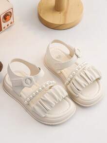 Girls' Fashionable Cute Solid Color Floral Lace Pearl Decor Outdoor Flat Sandals, Soft And Comfortable