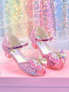 Girls Fashion Pink Butterfly Rhinestone High Heel Sandals Student Princess Shoes