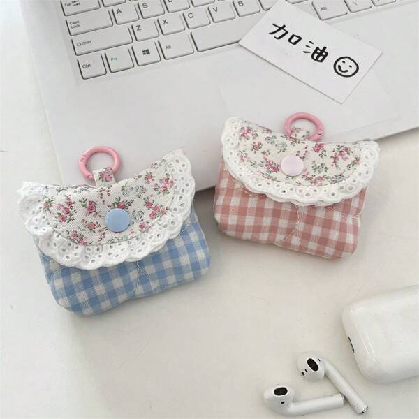 Sweet & Fresh And Simple Lace Pattern Digital Accessory Bag, Plaid & Ditsy Floral Earphone Pouch Suitable For Earphone Protective Case, Wireless Bluetooth Earphone