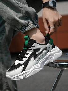 Men's Fashion Contrast Color Letter Pattern Leather & Mesh Patchwork Retro Chunky Sneakers, Lace-Up Soft Lightweight Comfortable Outdoor Reflective Jogging Shoes, Couples Style For All Seasons Valentine's Day Ideas - Contrasting Colors - View 8