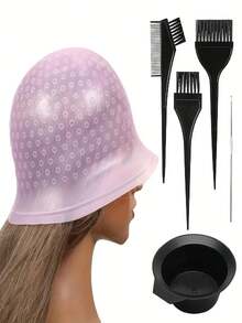 Set de 6 piezas: Gorro de silicona profesional para hacer mechas, gorro reutilizable para teñir el cabello con un set de 4 pinceles para el tinte y 1 aguja para peluquerías y salones de belleza, tanto para mujeres como para hombres (blanco/rosa/azul). Incluye gorro de tinte de silicona con gancho, peine para el color, tazón para mezclar y pinceles para el tinte, gorro de tinte de cabello DIY, gorro de tinte de cabello reutilizable, gorro de silicona para mechas de cabello. - Multicolor - Ver 2