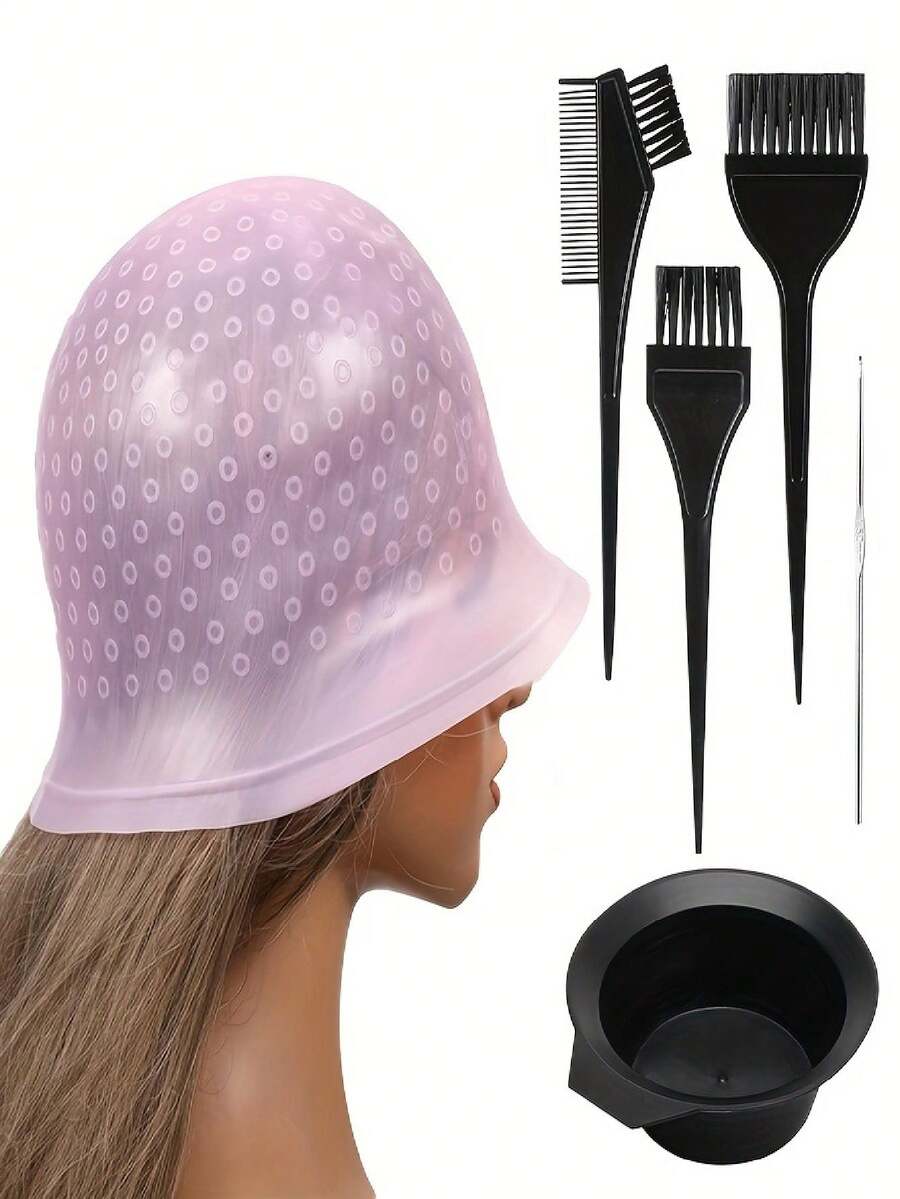 Set de 6 piezas: Gorro de silicona profesional para hacer mechas, gorro reutilizable para teñir el cabello con un set de 4 pinceles para el tinte y 1 aguja para peluquerías y salones de belleza, tanto para mujeres como para hombres (blanco/rosa/azul). Incluye gorro de tinte de silicona con gancho, peine para el color, tazón para mezclar y pinceles para el tinte, gorro de tinte de cabello DIY, gorro de tinte de cabello reutilizable, gorro de silicona para mechas de cabello.