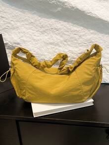 ROMWE Grunge Punk 1 件尼龙多口袋褶皱抽绳斜挎包/单肩包，适合女士，休闲柔软，休闲百搭流浪包 - 芥末黃 - 查看 5