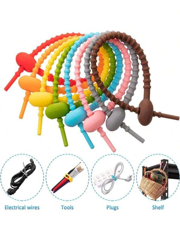 EDCUEBE7 EDCUEBE7 Paquete de 10 bridas de silicona reutilizables, bridas de goma ajustables para bolsas, cierres, cremalleras y organizadores (colores aleatorios)