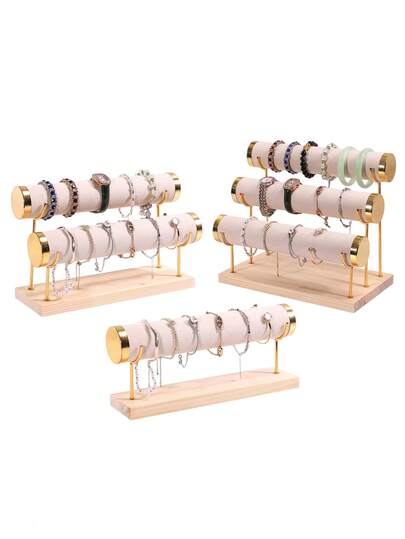 1pc Black, Green, White, Beige, Gray, Pink Creative Jewelry Rack, Wooden Bracelet Rack, Gold Three-Layer Bracelet Display Rack, Bracelet Display Rack, Watch Storage Rack For Women Storage Organizer Travel Essentials Father Gift Back To School