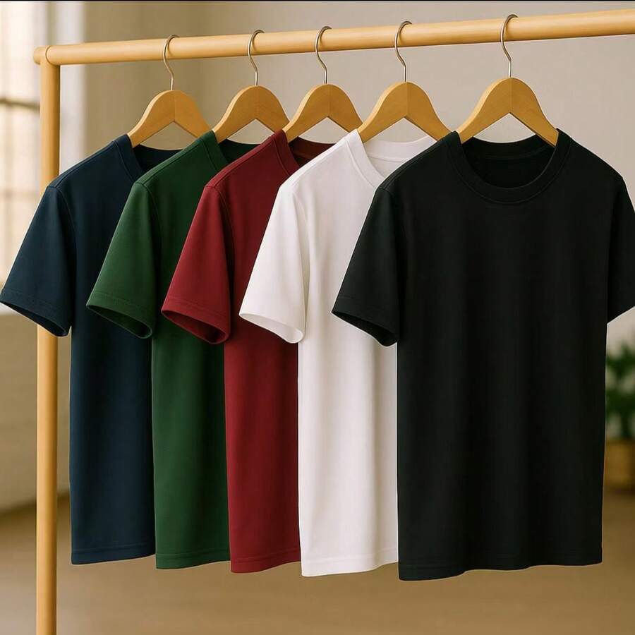KIT 5 Basic Plain T-Shirts 100% Cotton 30.1 Unisex - Black + White + Burgundy + Military Green + Navy Blue - View 1