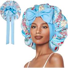 Double Layer Silk Bonnet With Tie Satin Lined Sleep Cap Hair Cover For Women's Curly Natural Hair - Strawberries Blue Plaid - 查看 1