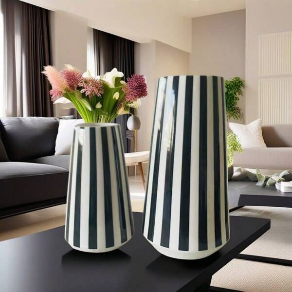 Vaso de cerâmica minimalista, vaso de flores listrado preto e branco