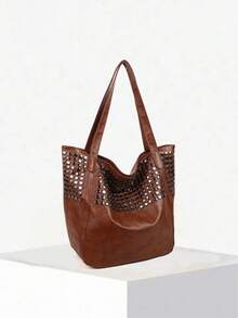 Dedoo 2024新款软皮手提包，小丑图案，简约单肩包，铆钉装饰，大容量女士手提包，方便购物、商务、休闲出行，光泽亮丽，豹纹印花 - 棕色 - 查看 6