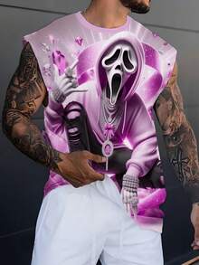 男士骷髅印花背心，休闲度假背心，适合外出和街头穿着 - 彩色 - 查看 4