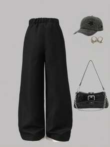 宽松高腰阔腿裤，适合青春期女孩，配有侧丝带和反光绳，适合春夏秋季日常穿着、外出和户外活动（腰部有蝴蝶结绳，无弹性）