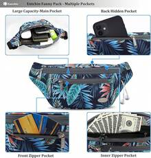 Entchin Fanny Pack Women Men,Crossbody Belt Bag With 4-Zipper Pockets,Adjustable Waist Bag Pack,One Of Most Popular Travel Essential Gifts Walking,Traveling,Cycling - 花卉海軍藍 - 查看 5