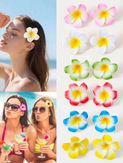 Set de 12 piezas/6 piezas/5 piezas/2 piezas de pasadores de pelo de estilo bohemio con flores de plumeria falsas, accesorios de verano y vacaciones adecuados para mujeres, adolescentes, estudiantes, playa, viajes, uso diario, accesorios para el cabello, accesorios para la cabeza, pasadores de pelo