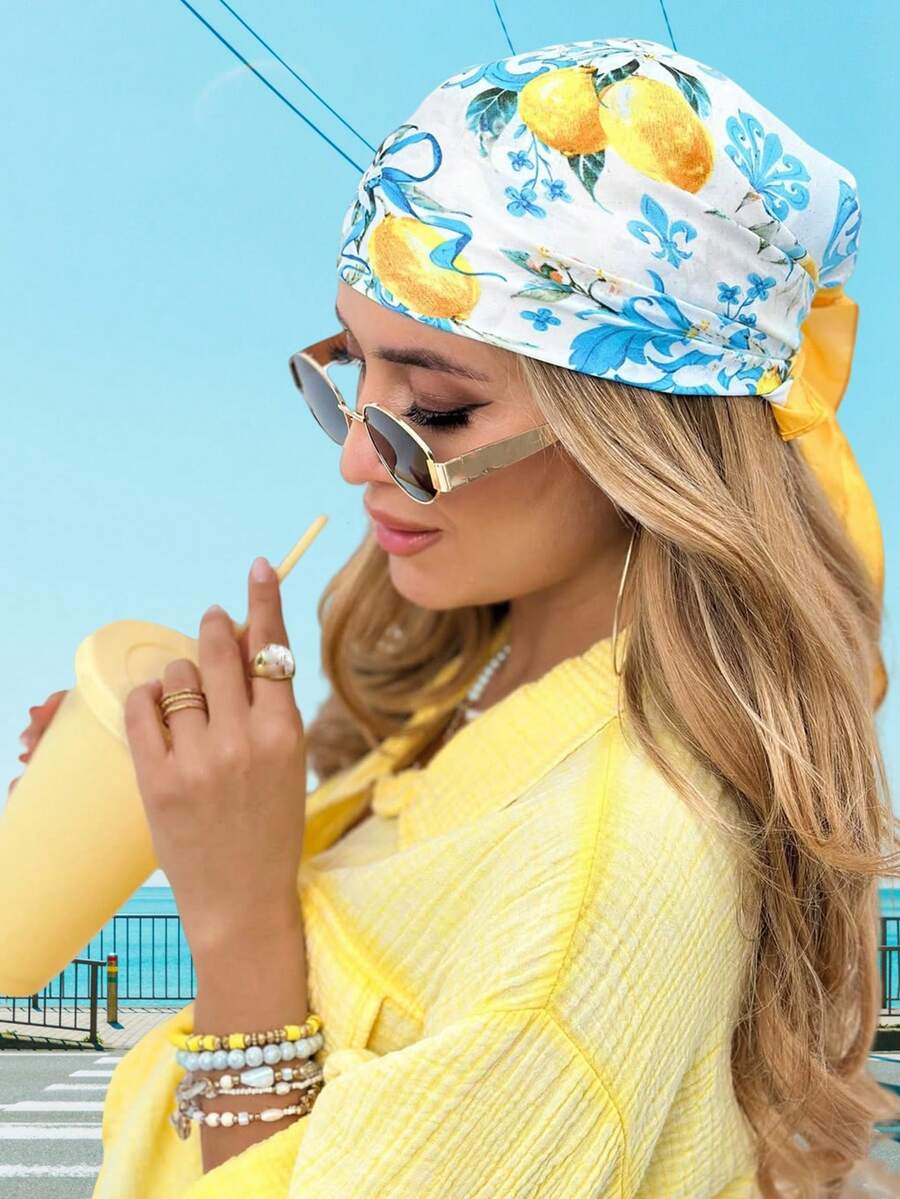 1条女士黄色柠檬印花70厘米小方巾，休闲日常佩戴发带/头巾，防晒连衣裙 - 黃色檸檬 - 查看 1