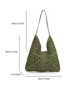 Dedoo 春夏时尚大容量度假风镂空草编手提包，波西米亚风编织单肩包，休闲复古浪漫风三色交织斜纹几何图案，视觉层次丰富，明亮柔和，适合旅行、海滩、夏季郊游、购物、送礼。 - 綠色 - 查看 11