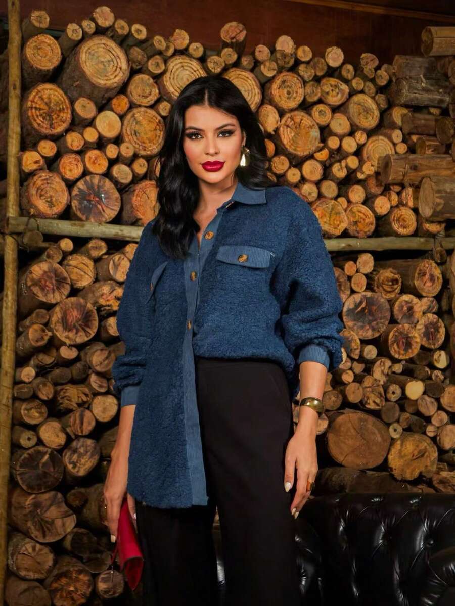 Description Oversized Coat With Adjustable Sleeve Hem, Fake Pockets And Button Closure - 藍色 - 查看 1