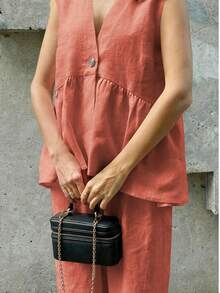 2 件套女士休闲无袖上衣和松紧腰长裤套装，轻薄透明面料，优雅装扮，适合约会、海滩、婚礼、花园、街头 - 橘色 - 查看 4