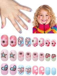 24pcs Kids Press-On Nails Girls Fashion False Nails Set, Kids Nails Artificial False Nails Patches Pre-Glued Full Coverage Short Acrylic Nails Suitable For 3-12 Years Old Kids Nails Great For Girls Birthday Gifts Kids Nail Art Decoration (Floral Butterfly)