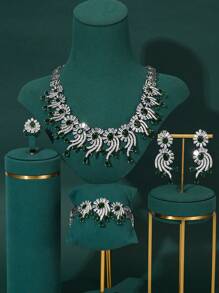 1 Set Luxury Green And Pink Zirconia Copper Silver Plated Necklace, Bracelet, Earrings, Ring Jewelry Set, Elegant Bridal Wedding Accessories, High-End Jewelry Gift Set For Valentine's Day