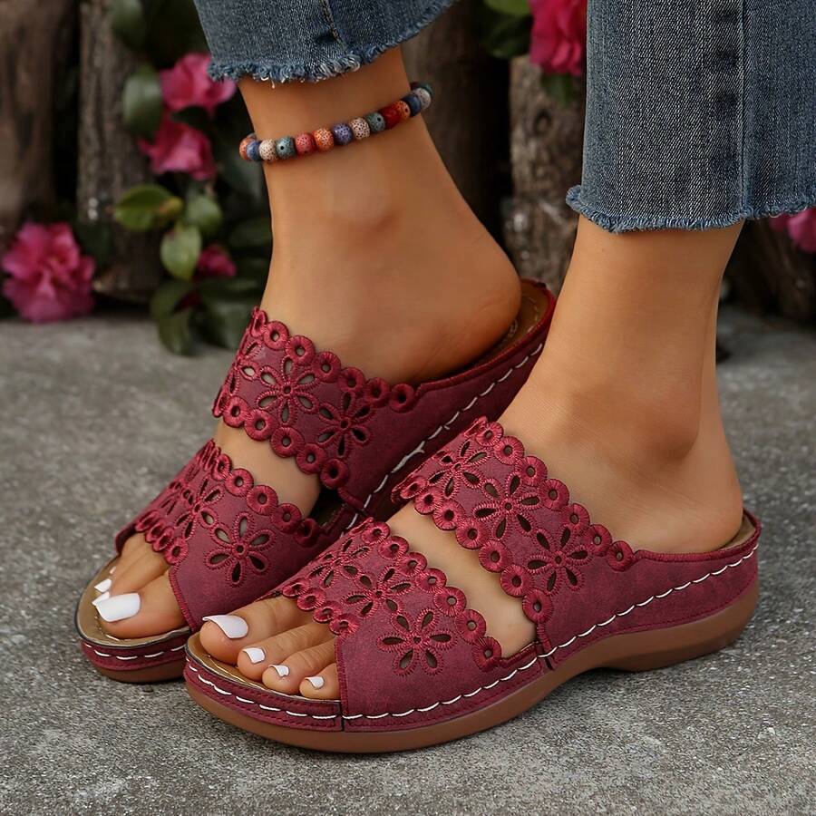 Women's Floral Cut-Out Slide Sandals - Slip-On Mid-Heel Casual Shoes With Soft PU Sole, Breathable Open-Toe Design For Summer, Beach & Outdoor Wear (Faux Cover Upper, Multi-Color Options), Ladies Shoes And Sandals, Crisscross Strap Sandals - [Red] - View 1
