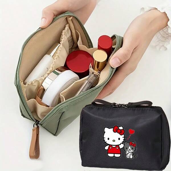 1pc Hello Kitty Large Capacity Multi-Function Makeup Bag Pencil Case - Cute Cartoon Design, Olive Green Travel Cosmetic Bag With Tassels Zipper, Suitable For Women And Girls Outdoor Use, Safe Zipper Bag,Back To School,School Supplies