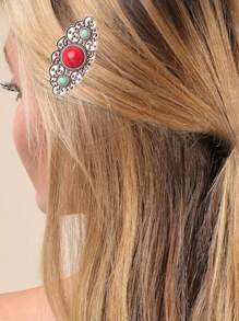 1pc Oval Agate Decor Antique Silver Floral Line Design Hair Clip For Women, Suitable For Bangs Hairstyling On Various Occasions