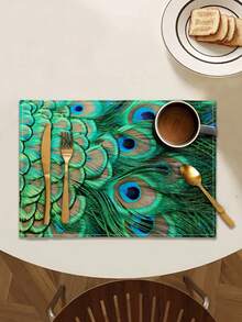 1/2/4/6/8 piezas Manteles individuales con estampado digital, manteles individuales con estampado de pluma de pavo real, adecuados para uso diario, festivales, fiestas, cumpleaños, bodas, cenas, decoración del hogar en la cocina y el comedor