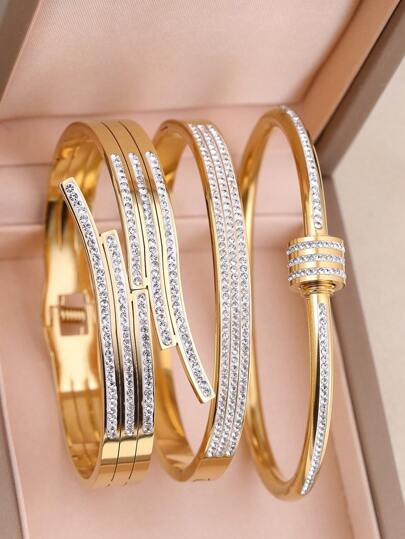 3pcs Fashion Cubic Zirconia Inlaid Stainless Steel Bracelet For Women, Suitable For Daily Wear, Mother's Day Gift, Party Anniversary Present