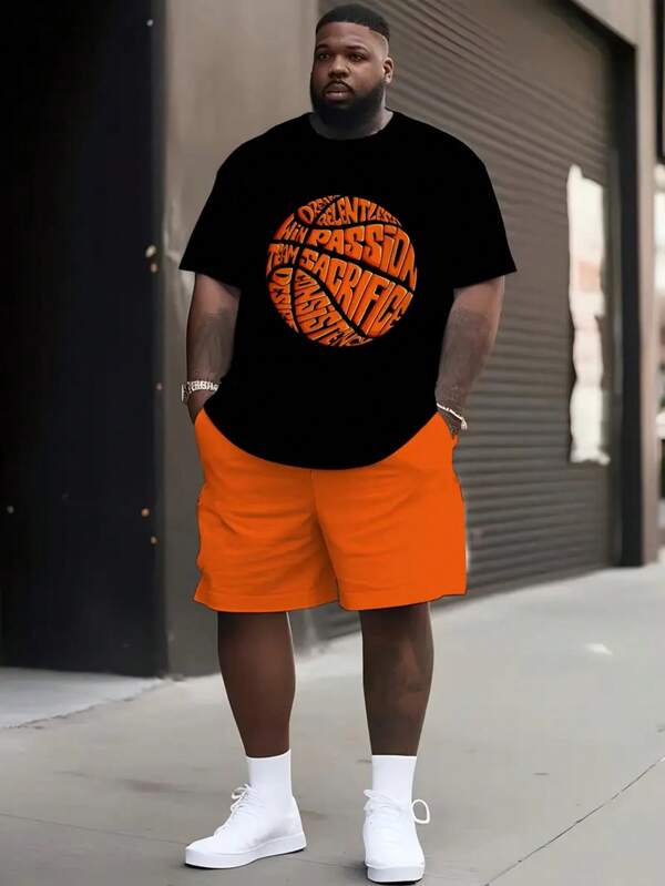3D Basketball Print Plus Size Men's Short Sleeve Shorts Set, Casual Black Round Neck Tee And Drawstring Shorts Set, Summer Outdoor Daily Workout Plus Size Men Sports Suit